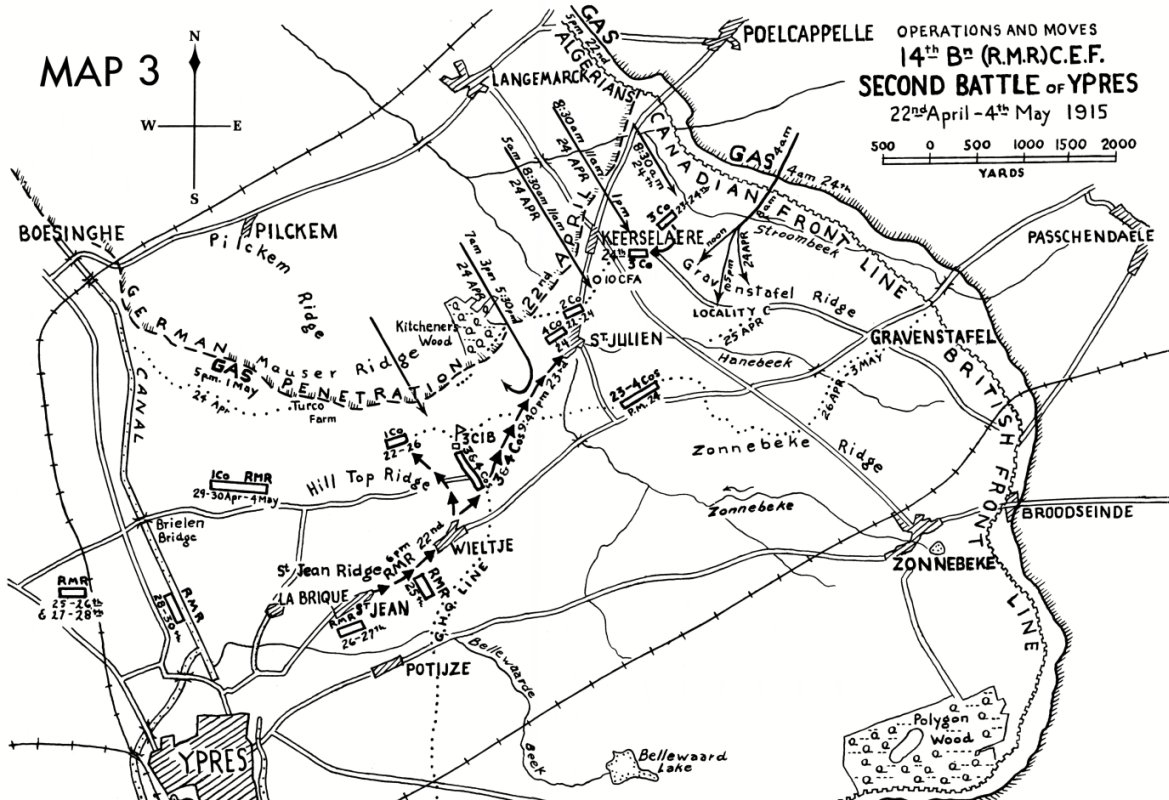map of Grenadier Guards positions at 2nd Ypres, April, 1915