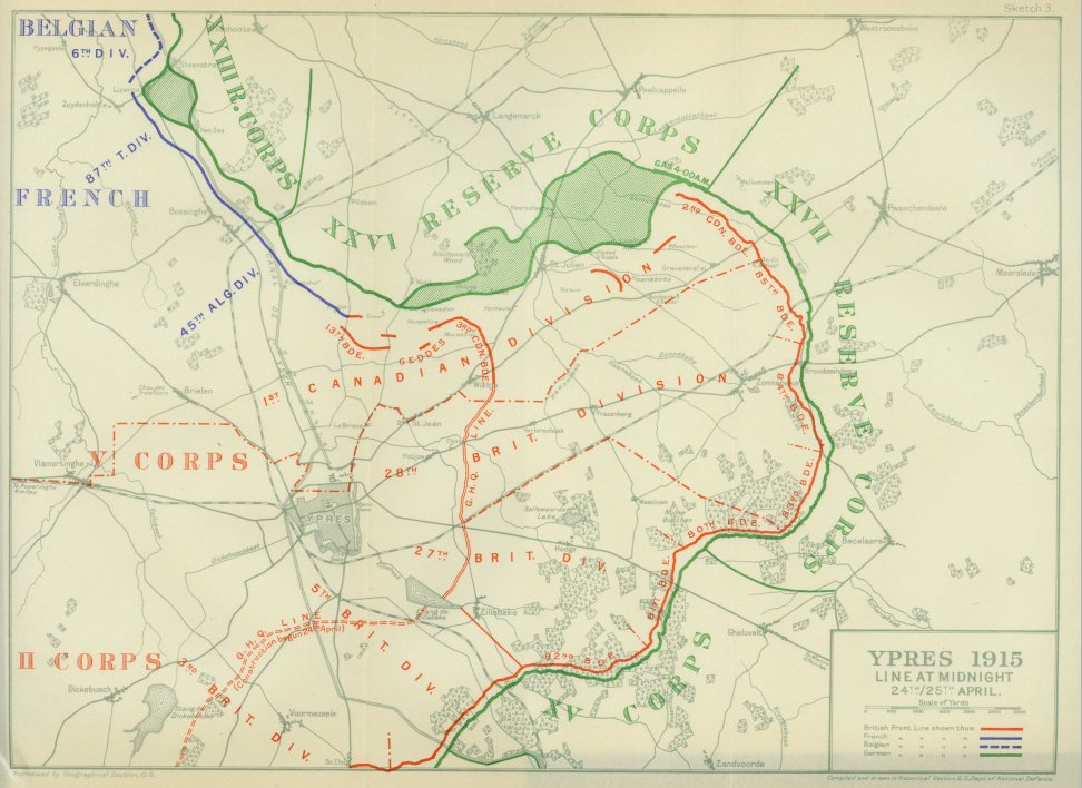 map of Battle of Second Ypres from April 24/25, 1915