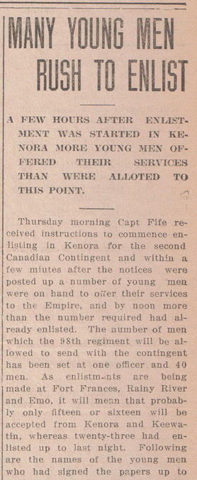 Many Young Men Rush to Enlist, part 1, Kenora Miner and News, 24 October 1914