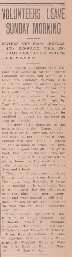 Volunteers Leave Sunday Morning, Kenora Miner and News, 31 October 1914
