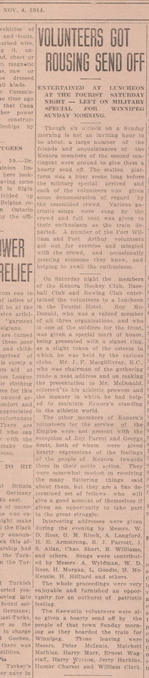Volunteers Got Rousing Send Off, Kenora Miner and News, 4 November 1914