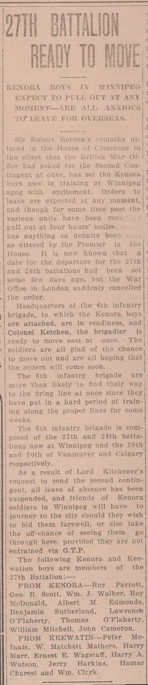 27th Battalion Ready to Move, Kenora Miner and News, 14 April 1915