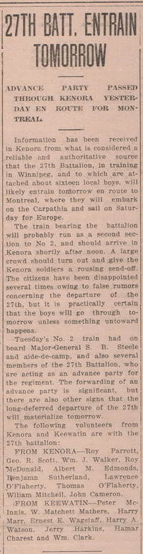 27th Battalion Entrain Tomorrow, Kenora Miner and News, 12 May 1915