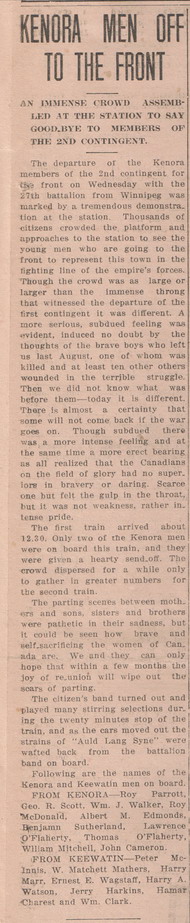 Kenora Men Off to the Front, Kenora Miner and News, 15 May 1915