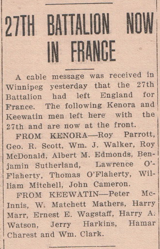 27th Battalion Now in France, Kenora Miner and News, 18 September 1915