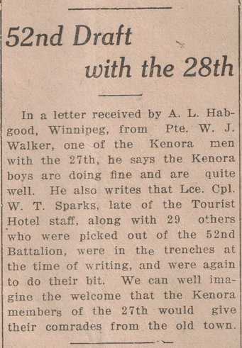 Letter from PTE W J Walker: Kenora Boys Fine and Well, Kenora Miner and News, 1 March 1916