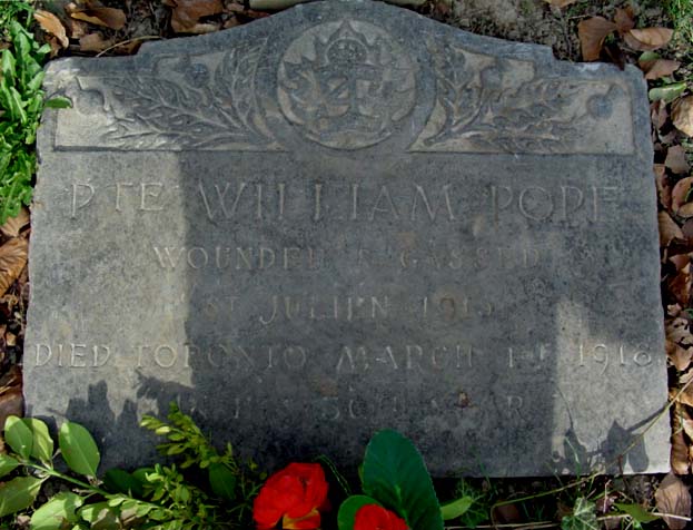 Pte. William Pope’s grave marker in Prospect Cemetery, Veteran’s Section, Toronto, Ontario.