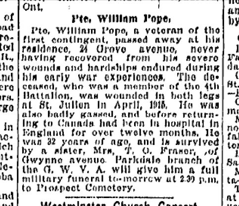 Pte. William Pope - report on death