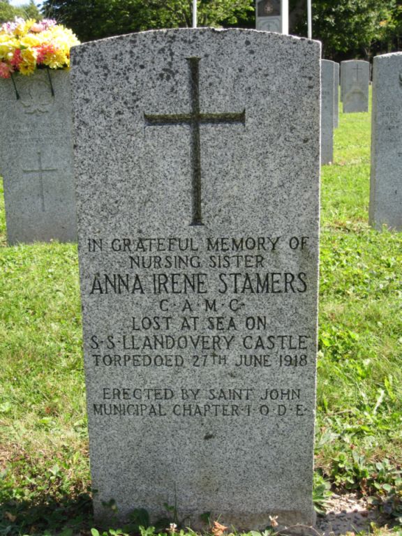Memorial marker of Nursing Sister Anna Irene Stamers, who died in the sinking of the Llandovery Castle, in the veteran's section of the Fernhill Cemetery in Saint John, New Brunswick, her home town.