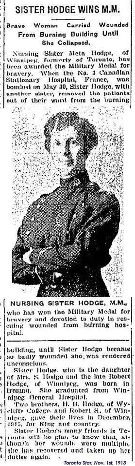 Nursing Sister Meta Hodge awarded Military Medal, 1918.