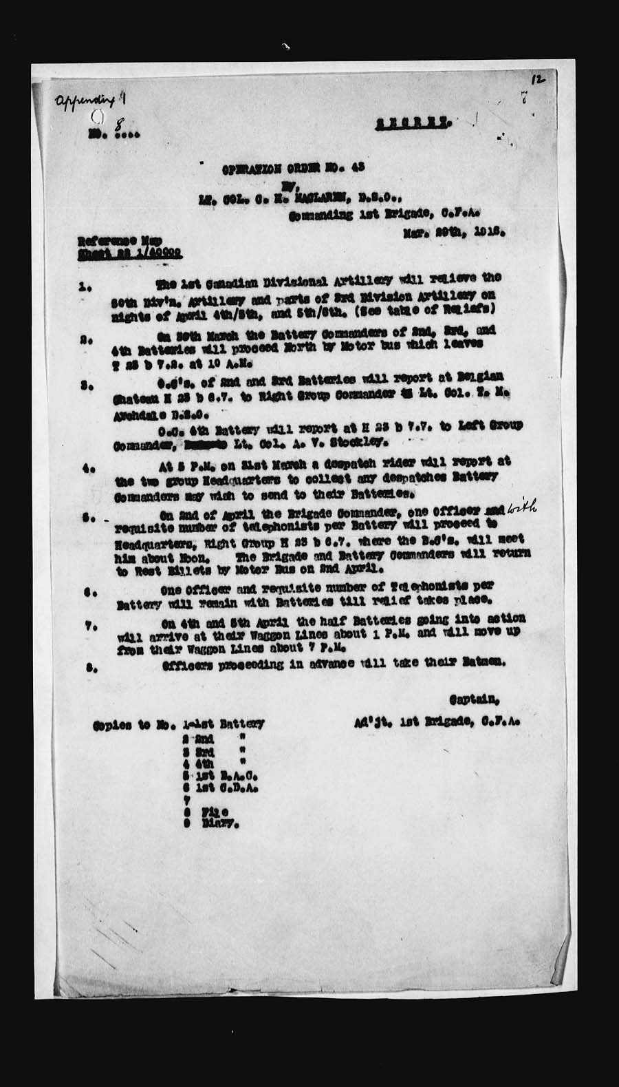 War Diaries 1st. Bde. C.F.A Appendix 8 Operation Order No. 43 March 29,1916