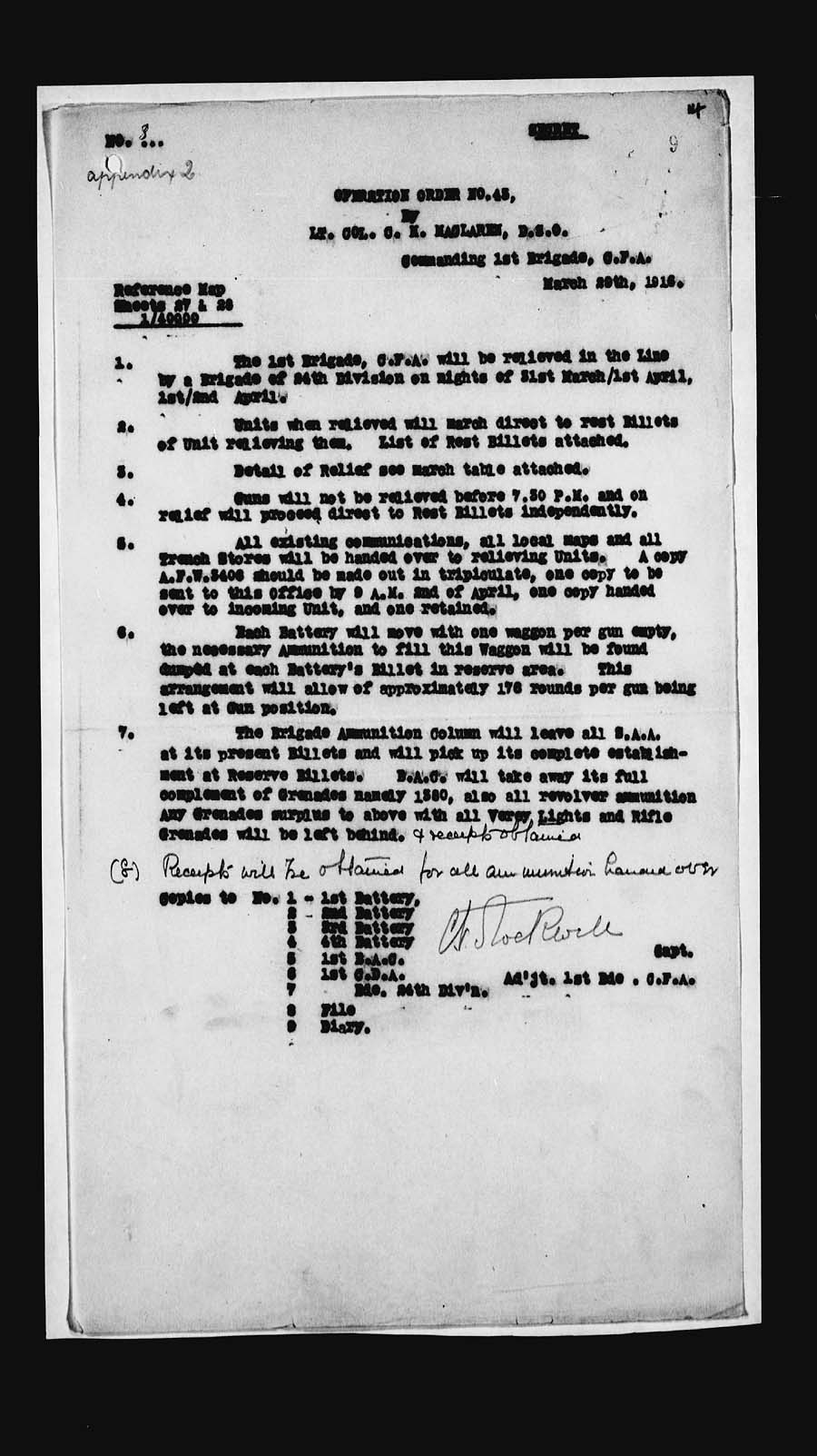 War Diaries 1st. Bde. C.F.A Appendix 8 Page 2 Operation Order No. 43 March 29,1916