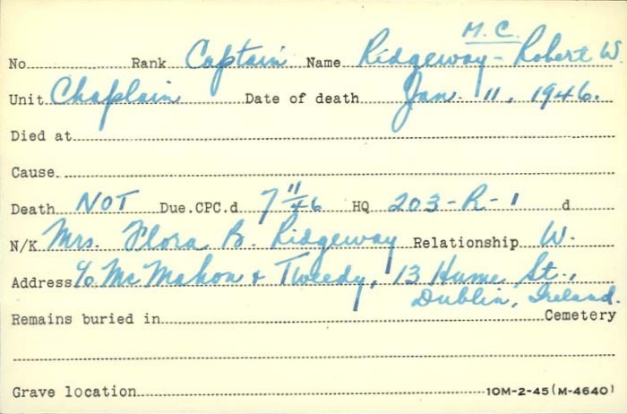 Veteran Death Card - Captain Robert W. Ridgeway, MC