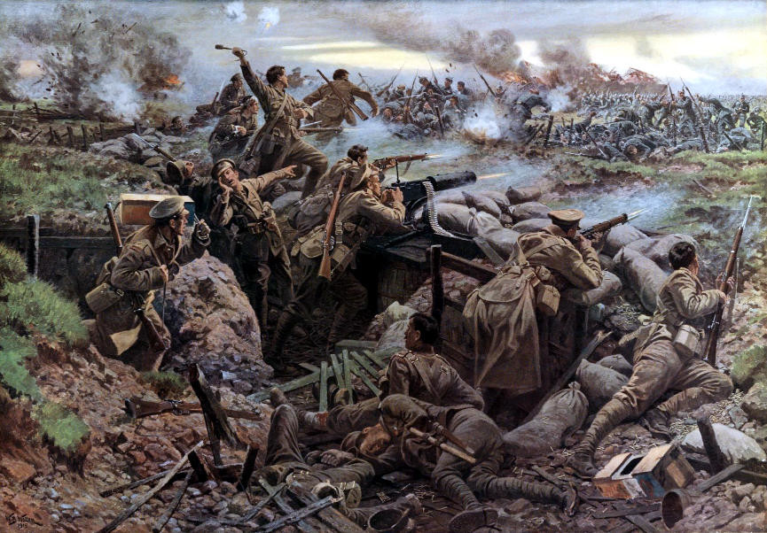 Painting by W.B. Wollen titled 'Canadians at Ypres'. Depicts the PPCLI fighting at Bellewaerde Ridge on 8th May 1915.