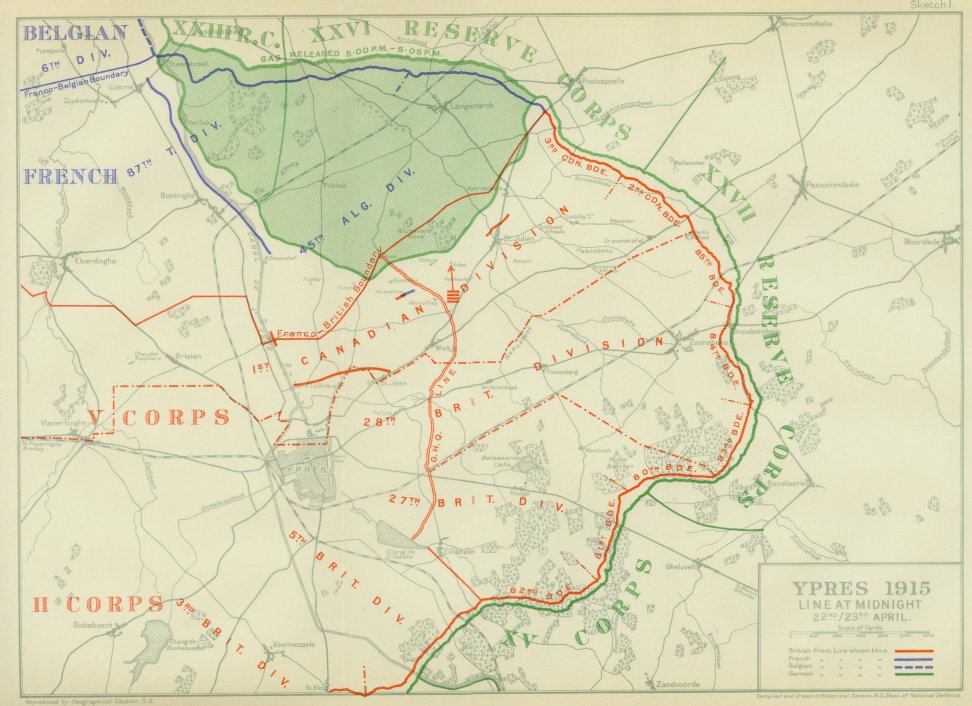 map of Battle of Second Ypres from April 22/23, 1915